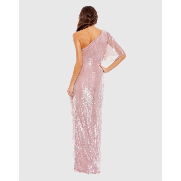 NWT MAC DUGGAL Sequined Flutter Sleeve One Shoulder Draped Gown Size 0 $698 - Picture 3 of 4
